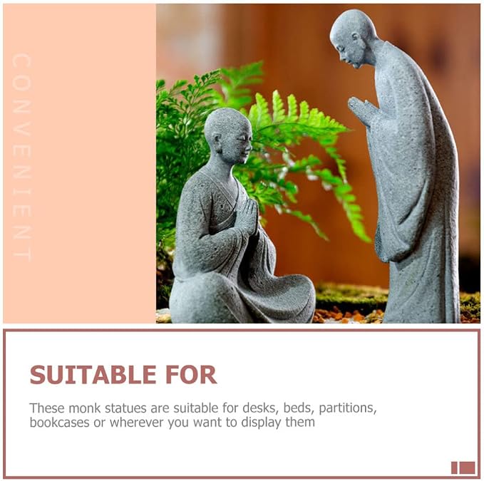Happyyami Bonsai 2pcs Stone Monk Figurines Zen Buddha Statues Standing Monk Sculptures for Outdoor Landscape Garden Decoration Light Grey Miniature Figurines Miniature