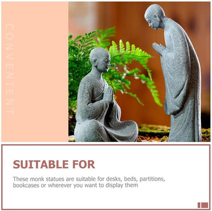Happyyami Bonsai 2pcs Stone Monk Figurines Zen Buddha Statues Standing Monk Sculptures for Outdoor Landscape Garden Decoration Light Grey Miniature Figurines Miniature