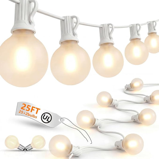 25Ft G40 LED Frosted White String Lights Outdoor with 27 Shatterproof Globe Bulbs Patio Lights White Wire, Waterproof Hanging Bistro Lights for Wedding Party Backyard Garden Porch Christmas Decor