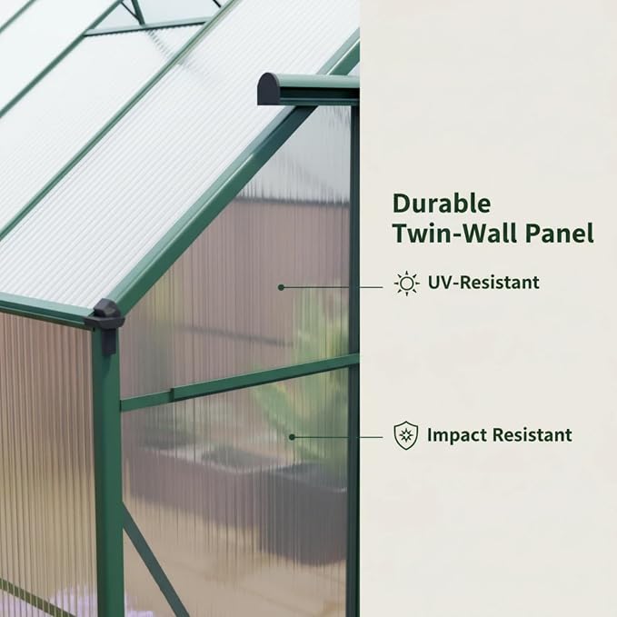 8x10 FT Greenhouse, Walk-in Polycarbonate Greenhouses with Double Sliding Doors, Aluminum Frame, Adjustable Roof Vent, Raised Base & Anchor, Outdoor Backyard Greenhouse for All Seasons, Green