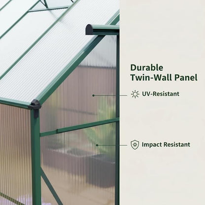 8x10 FT Greenhouse, Walk-in Polycarbonate Greenhouses with Double Sliding Doors, Aluminum Frame, Adjustable Roof Vent, Raised Base & Anchor, Outdoor Backyard Greenhouse for All Seasons, Green