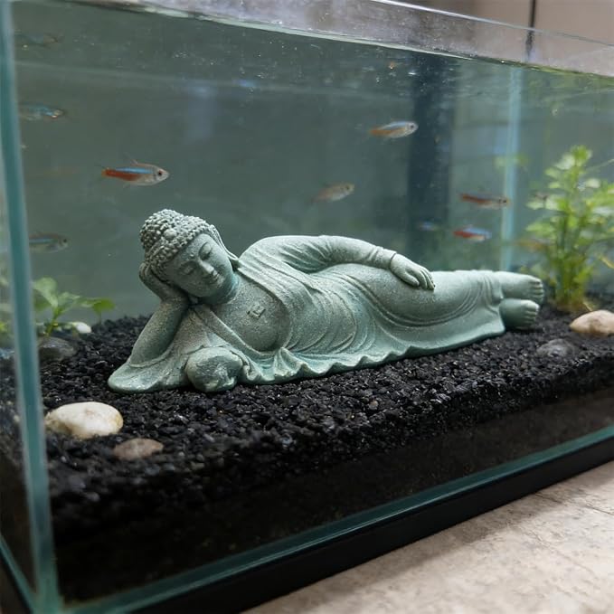 livelyfish Sleeping Buddha Statue Sandstone Buddha Figurine Zen Buddhism Sculpture for Aquarium Fish Tank Garden Home Decor (L)