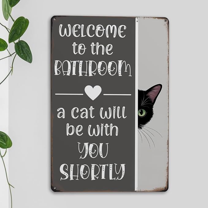 mmiishe Funny Metal Signs Black Cat Lover Gifts for Women Men Cat Bathroom Decor Vintage Wall Decor for Restroom Toilet Powder Room Wall Art Plaques 8x12 Inches Bathroom Accessories
