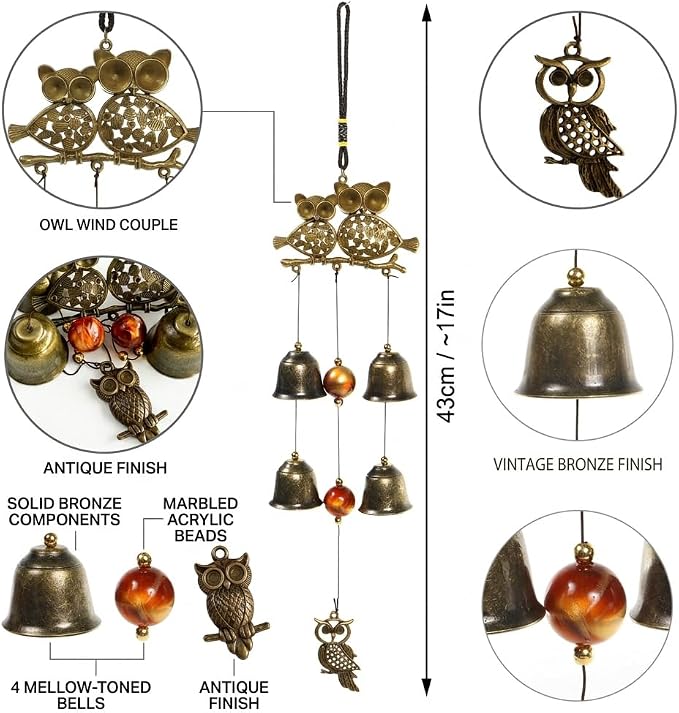 Owl Wind Chimes, 17.7 Inch Metal Garden Chimes with 4 Bells and 3 Owls, Indoor Outdoor Decorative Wind Catcher, Vintage Style (Owl)