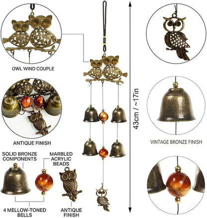 Owl Wind Chimes, 17.7 Inch Metal Garden Chimes with 4 Bells and 3 Owls, Indoor Outdoor Decorative Wind Catcher, Vintage Style (Owl)