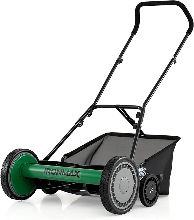 Goplus 18 Inch Push Reel Lawn Mower, 5-Blade Manganese Steel Manual Grass Cutter, 4-Position Adjustable Height, Removable Grass Catcher, Quiet No-Motor Walk-Behind Mower for Yard, Lightweight