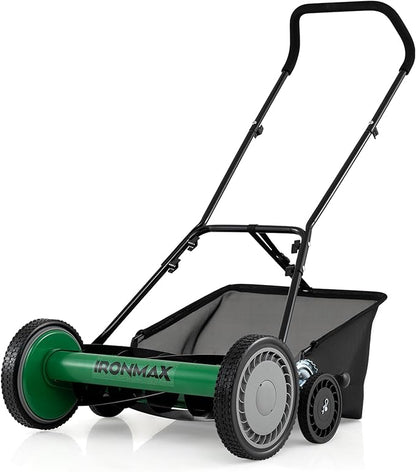 Goplus 18 Inch Push Reel Lawn Mower, 5-Blade Manganese Steel Manual Grass Cutter, 4-Position Adjustable Height, Removable Grass Catcher, Quiet No-Motor Walk-Behind Mower for Yard, Lightweight