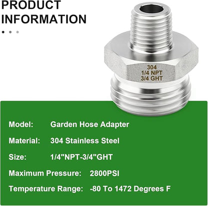 TAISHER 2PCS 304 Stainless Steel Garden Hose Adapter, 3/4" GHT Male x 1/4" NPT Male Garden Hose Connector with Washers