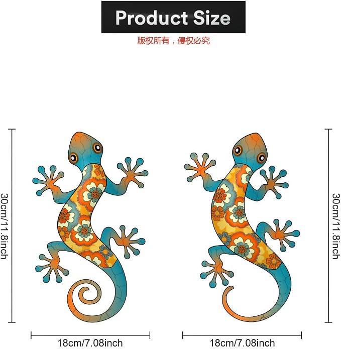Metal Gecko Wall Decor - 2 Pack 11.8‘’ Gecko Wall Hanging Sculpture for Indoor and Outdoor, Garden Yard Fence Porch Home Tree Decorations