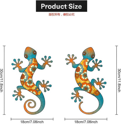 Metal Gecko Wall Decor - 2 Pack 11.8‘’ Gecko Wall Hanging Sculpture for Indoor and Outdoor, Garden Yard Fence Porch Home Tree Decorations