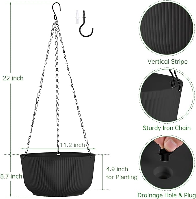 12 Inch Large Hanging Pots for Indoor Outdoor Plants Set of 2 | Self-Watering Hanging Planters with Internal Saucers, Drainage Holes & Plugs (Hooks)