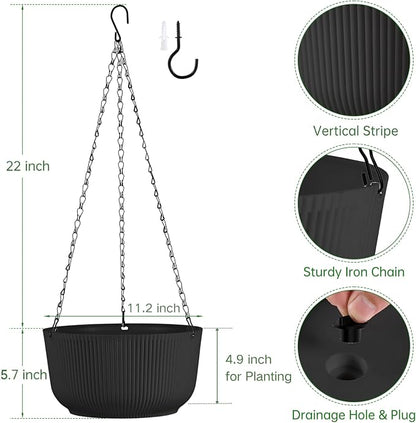 12 Inch Large Hanging Pots for Indoor Outdoor Plants Set of 2 | Self-Watering Hanging Planters with Internal Saucers, Drainage Holes & Plugs (Hooks)