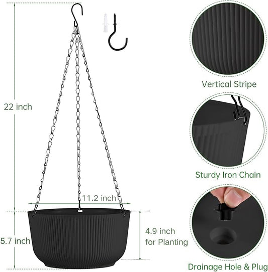 12 Inch Large Hanging Pots for Indoor Outdoor Plants Set of 2 | Self-Watering Hanging Planters with Internal Saucers, Drainage Holes & Plugs (Hooks)