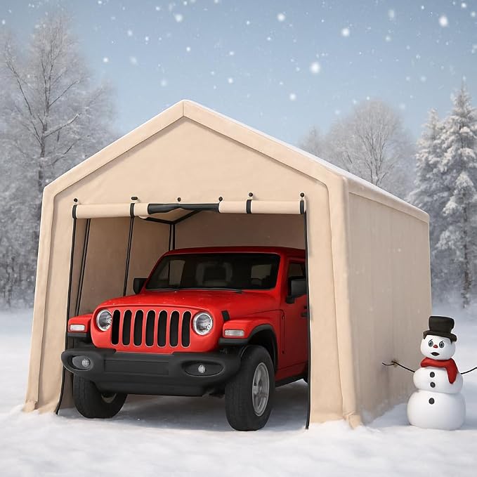 10X15 Ft Heavy-Duty Portable Outdoor Storage Shed with Roll-Up Door & Vent, 240g Waterproof PE Tarp & UV Protection, Carport Storage Shelter for Motorcycles, Firewood, Garden Tools - Khaki