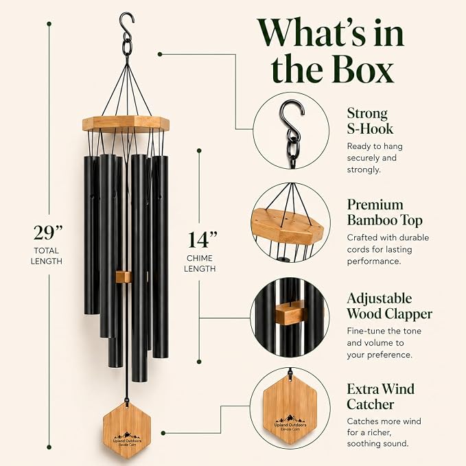 Black Wind Chimes for Outside, 29 Inch Hand Tuned G Major Pentatonic Wind Chime, Memorial Sympathy Gift for Loss of Loved One, Deep Tone Aluminum Bamboo Garden Patio Porch Decor