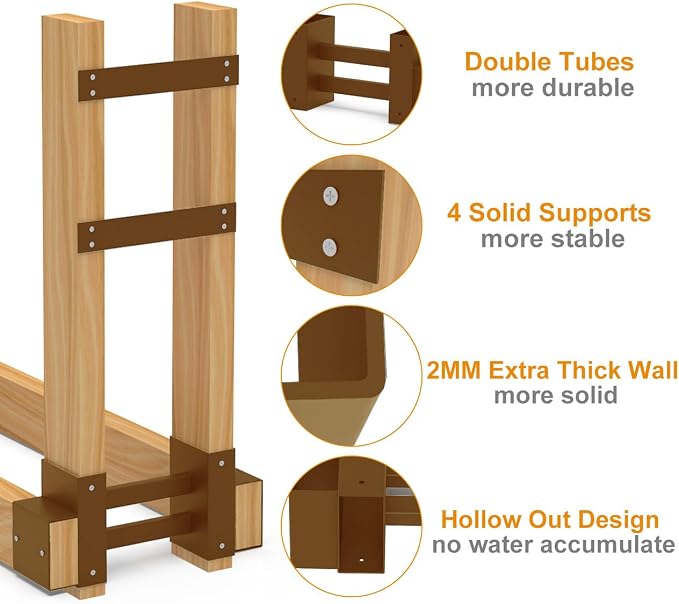 Outdoor Firewood Rack Brackets Kit for Fire Wood Pile Storage, Adjustable log stacking Stand Holder for 2x4 lumber, Brown, Set of 2