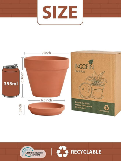 INGOFIN Terracotta Pots Set with Saucer - 2-Pack Ceramic Clay Planters with Drainage Hole, Garden Flower Succulent Pots with Tray for Indoor Outdoor Plants, 8 inch, Set of 2