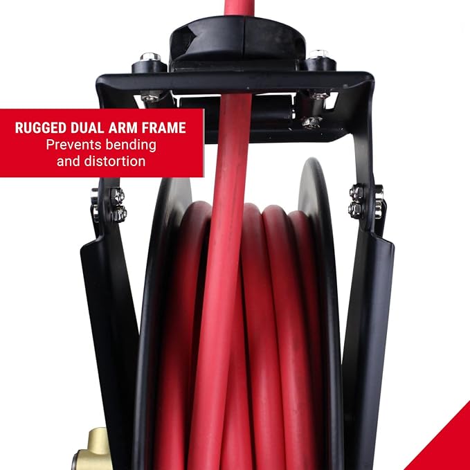 Milton 2780-50D - Steel Dual Arm Auto-Retractable Air Hose Reel, 1/2" x 50 ft. Rubber Hose - 300 Max PSI & (S-224) G-Style Coupler, Plug and Air hose Reducer Bushing Kit – 5 Pieces
