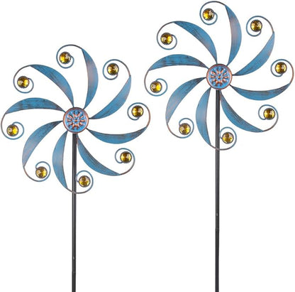 Stargarden 2Pack Wind Spinner, Outdoor Wind Sculptures | Metal Small Garden Pinwheels for Yard and Garden Decor,Blue