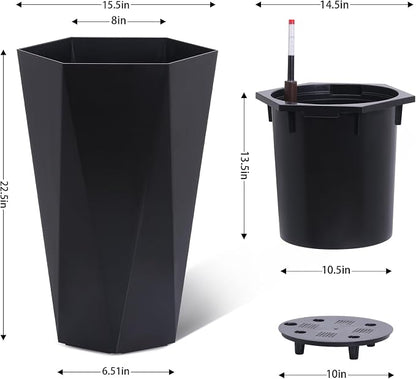 GarveeLife 22.5 in Tall Diamond Planters Set of 2, Self Watering Planters with Water Level Monitor, Flower Pots Outdoor and Indoor for Patio, Porch, Living Room, Home Office, Black