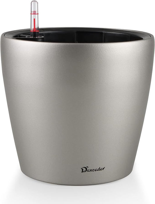 Dexceder 9x8 Self Watering Planter (Smoky Gray Matte) | Inner Pot Design, Thickened Metallic Table Flower Plant Pot with Water Level Indicator Indoor Outdoor