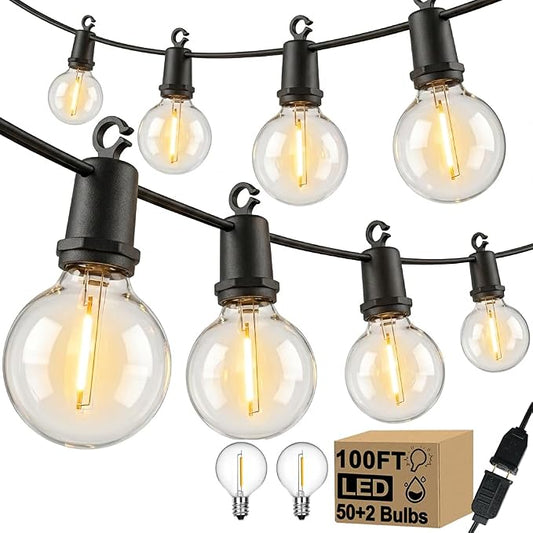 LED Outdoor String Lights, 100FT G40 IP65 Waterproof Patio Lights | 50+2 Shatterproof Bulbs, UL Certified, Plug-In, Connectable, Hanging Light for Backyard Porch Home Decor, Warm White