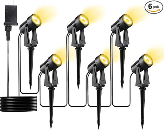 Low Voltage Landscape Lighting,6 Pack Outdoor LED Landscape Spotlights with Transformer 27V Garden Lights Pathway Lights IP65 Waterproof 3000K Warm White