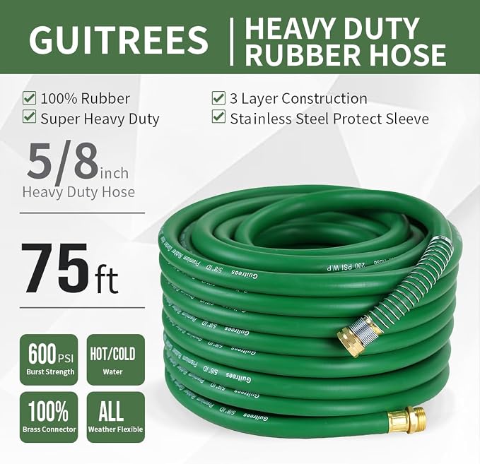 Guitrees 75FT 5/8 Heavy Duty Rubber Garden Hose - 300psi Working, 1000psi Burst - Hot/Cold Water - Five-Layered Braiding for Durability - Versatile for Gardening, Agriculture, Construction(Green)
