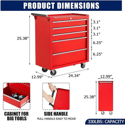 Rolling Tool Chest, 5 Drawers Tool Storage Cabinet with Wheels, Portable Tool Cabinet Organizer with Locking System & Drawer Liners,Universal Lockable Wheels, Tool Storage Cart for Garage, Workshop