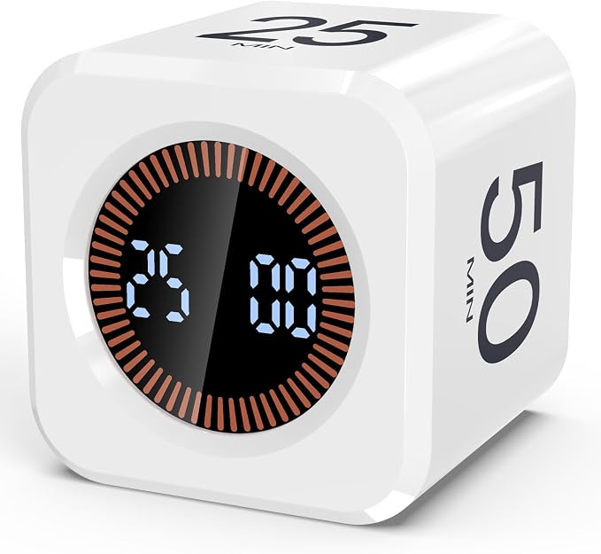 Digital Pomodoro Timer Cube 5/10/25/50min, Visual Productivity Flip Timer for Kids Classroom Desk, Custom Countdown, Silent and Sound Mode for ADHD Study Work Game Kitchen (White)