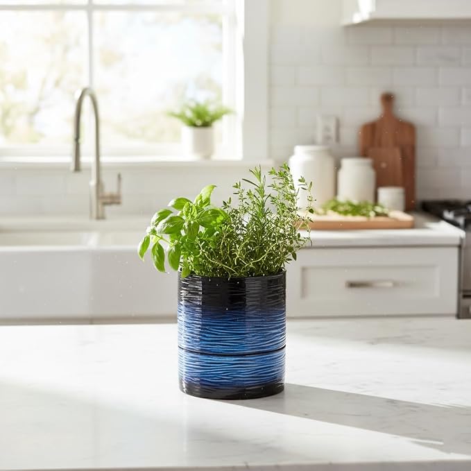 Nihow Ceramic Self Watering Plant Pot for Indoor Plants, 6 Inch,Blue | Planter with Cotton Wick, Drainage Hole & Water Storage Plus, Cylinder Round Flower Pot, For Succulent/Herbs/Violets
