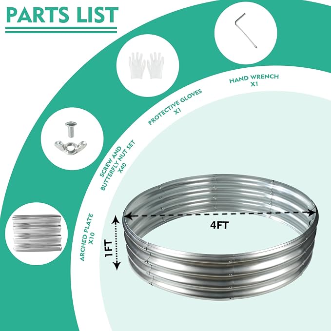 12 Inch Tall 48 Inch Diameter Round Silver Raised Garden Bed Kits Outdoor | 1 FT Tall,4 FT Planter Bed for Flowers,Herbs,Vegetables,Trees,0.8MM Thick Galvanized Metal Painted,with Gloves,Tool free