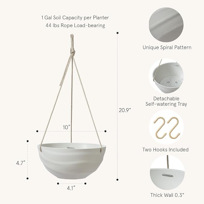 La Jolie Maison 10 Inch Hanging Planters for Indoor Plants, Outdoor Garden Planter Pots with Self-Watering Tray, Oatmeal, Set of 2