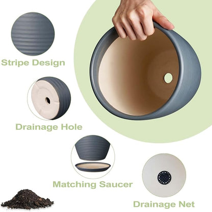 8 Inch Ceramic Plant Pot Large Planter Pot for Plants Indoor Outdoor Glaze Flower Pot with Drainage Hole and Saucer Gray