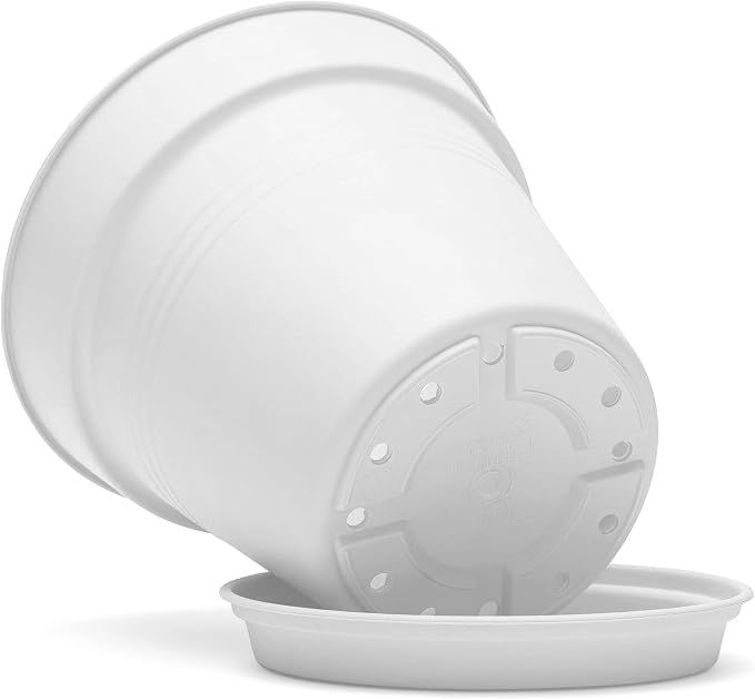 Mintra Garden Pots, 4 Pack Bulk Plastic Plant Pots with Drainage Tray, Round Indoor & Outdoor Decorative Planters with Drain Holes for Flowers, Herbs & Plants, 15cm Diameter – White, 5.9 in
