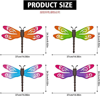 Outdoor Dragonfly Wall Decor, 4 Pcs 14.5‘’ Metal Dragonfly Wall Art Hanging Sculpture Decorations for Outside Yard Patio Fence Garden Exterior Decor