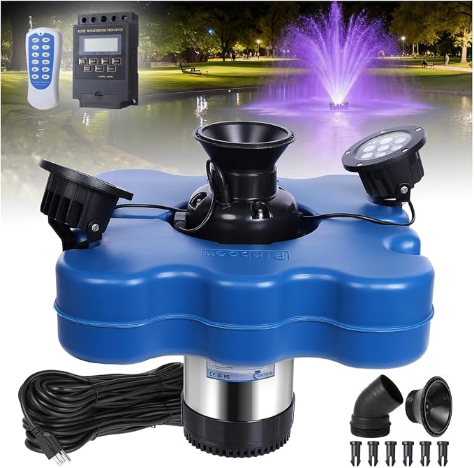 Pond Fountain Aerator with Lights,Floating Fountain for Outdoor Large Ponds | AC110V 1HP 750W with 15000 GPH RGB Light Aeration Aerating Fountain Pump for Outdoor Ponds & Lakes with 15A/100FT Power Cord