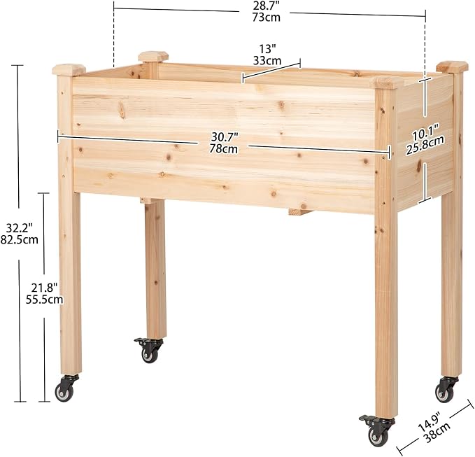 Raised Garden Bed with Lockable Wheels, 32x16x32 inch Elevated Wood Planter with Protective Liner for Vegetable Flower Herb Outdoor Balcony Patio Backyard, Natural