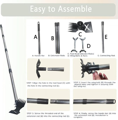 60" Weed Puller Tool with Long Handle, Heavy Duty 2-in-1 Weed Rake and Garden Hoe, Manual Weed Remover Tool for Yard, Lawn, Patio, Garden