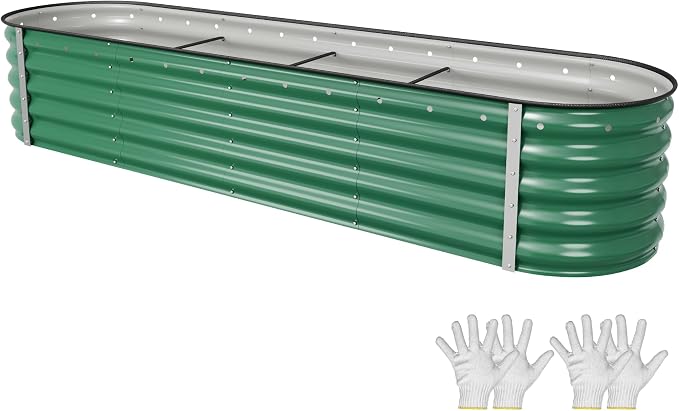 YITAHOME 8x2x1.5ft Galvanized Oval Raised Garden Bed, Metal Planter Box with Safety Rubber, Gloves, Outdoor Flower Bed for Planting Plants Vegetables, Green