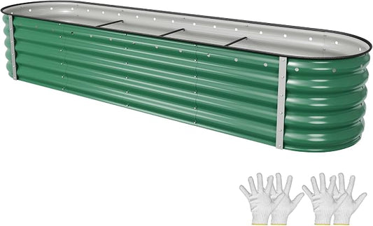 YITAHOME 8x2x1.5ft Galvanized Oval Raised Garden Bed, Metal Planter Box with Safety Rubber, Gloves, Outdoor Flower Bed for Planting Plants Vegetables, Green