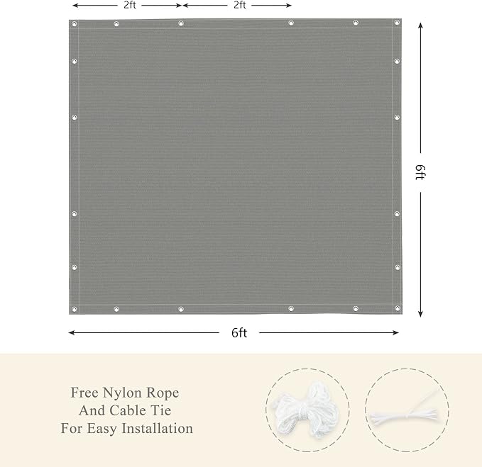 90% Outdoor Sun Shade Cloth, 6' x 6', Pergola, Deck, and Backyard Patio Sunshade with UV Protection, Heat Resistant HDPE Material, Reinforced Grommets (6x6 FT, Grey)