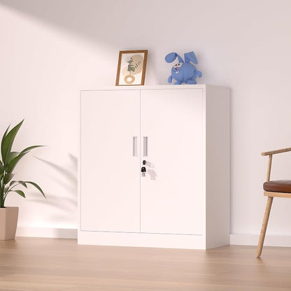 iJINGUR Metal Storage Cabinet with Locking Doors and 2 Adjustable Shelves, Small Lockable Storage Cabinet for Home Office Garage (White)