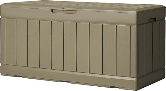 Greesum 82 Gallon Resin Deck Box All Weather Large Outdoor Storage for Patio Furniture, Toys, Garden Tools, Lockable, Light Coffee