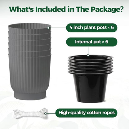 T4U 4 Inch Plant Pots Self Watering, 6 Pack African Violet Pots, Small Plant Pots for Plants, Small Indoor Plant Pot, Self Watering Planter for African Violet, Succulents (6 Pack 4" Pots, Gray)