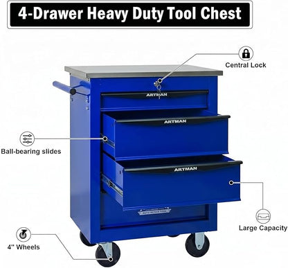 4-Drawer Rolling Tool Chest, Lockable Stainless Worktop for Garage, Blue | Heavy Duty Metal Tool Cabinet with Drawers on Wheels for Warehouse and Workshop Storage