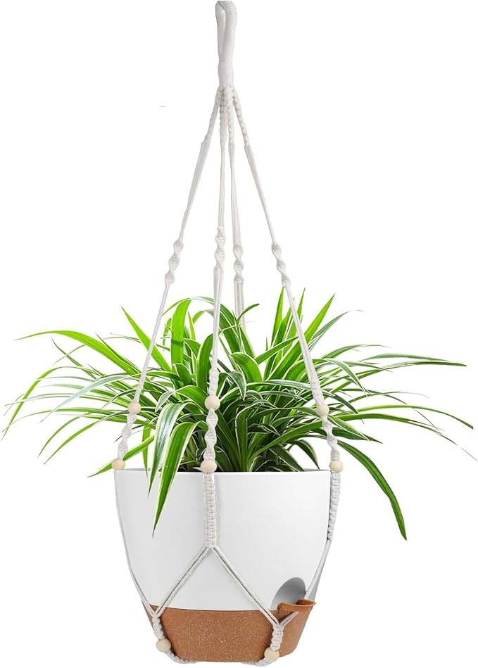 Vanslogreen Hanging Planters for Indoor Outdoor Plants, 12 Inch Self Watering Hanging Pot with Drainage Holes & Removable Tray, Macrame Plant Hanger for Boho Home Decor (Ivory+White)(Ivory+White)