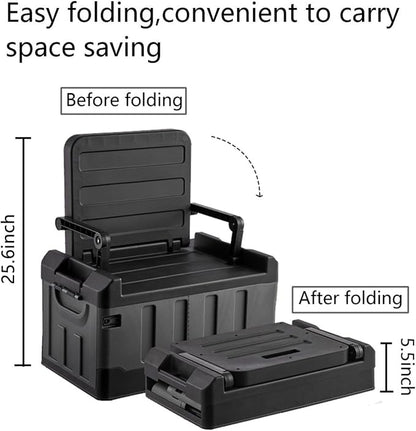 Versatile Foldable Seatable Camping Box Car Organizer Heavy Duty Storage Bins With Lids Box Trunk,Durable Plastic,60L Can Store Clothes, Camping Equipment in Large Capacit (black)