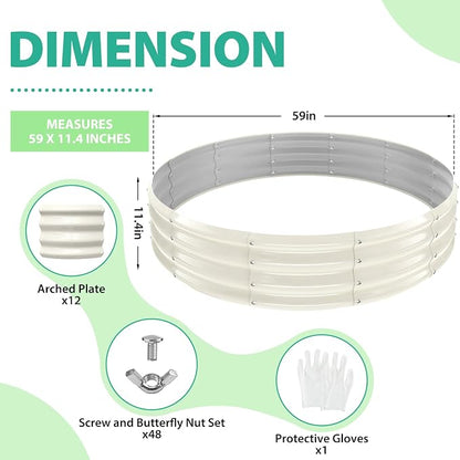 12 Inch Tall 60 Inch Diameter Round White Raised Garden Bed Kits Outdoor | 1 FT Tall,5 FT Planter Bed for Flowers,Herbs,Vegetables,Trees,0.8MM Thick Galvanized Metal Painted,with Gloves,Tool free