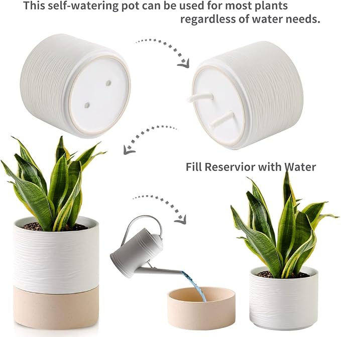 Nihow Ceramic Self Watering Plant Pot for Indoor Plants,6 Inch,White | Planter with Cotton Wick, Drainage Hole & Water Storage Plus, Cylinder Round Flower Pot, For Succulent/Herbs/Violets